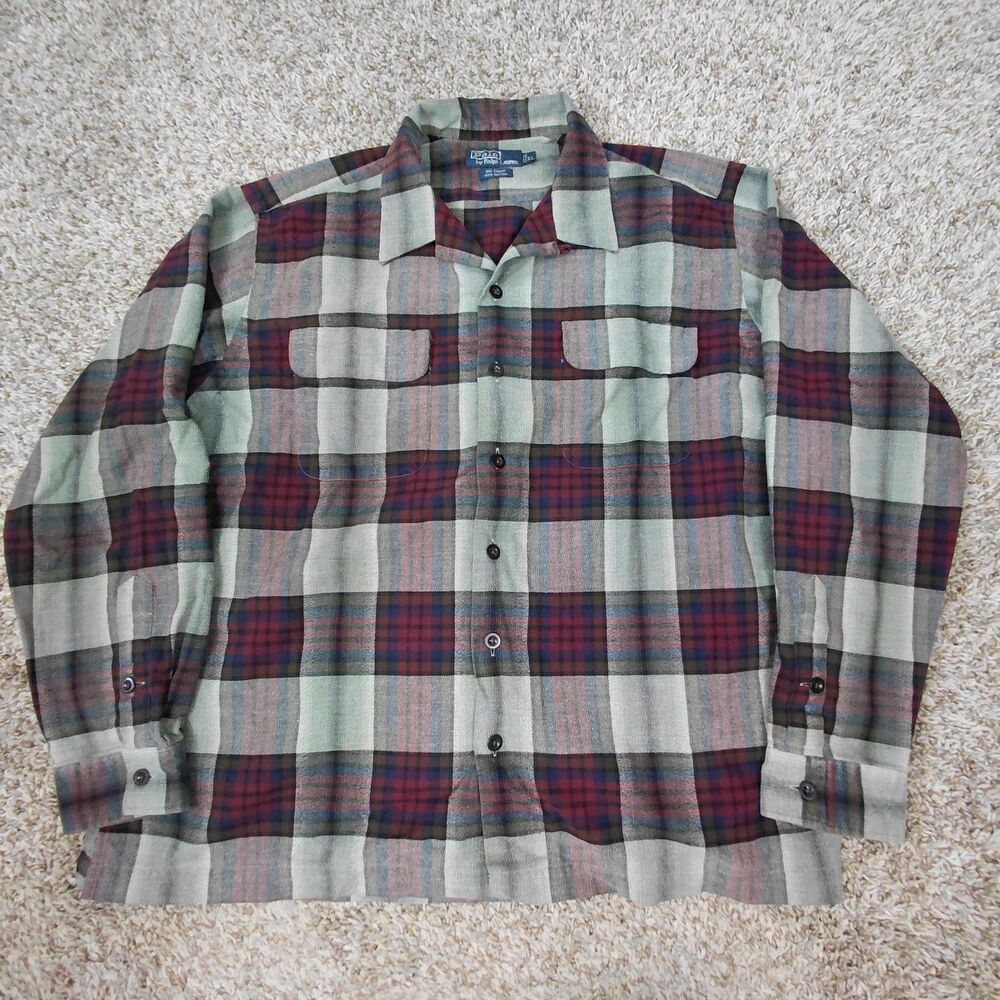 Vintage Polo Ralph Lauren Plaid Ski Camp Flannel Shirt Mens XL Loop Collar Board